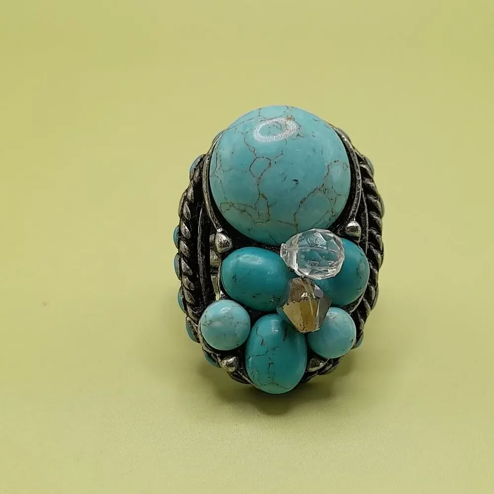 Chico’s Faux Turquoise Beaded Adjustable Ring Silver Tone Cluster Dome Size 8